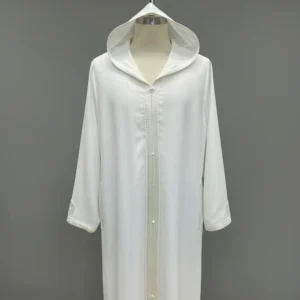 عباية عمرة مفتوحة بيضاء بتطريز مغربي على الحواف والجيب